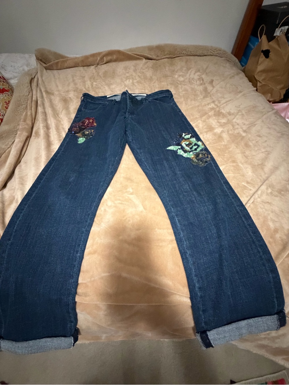 Anthropologie Pilcro Slim Boyfriend Dark Denim Womens Jeans Sequin Flowers 31 12